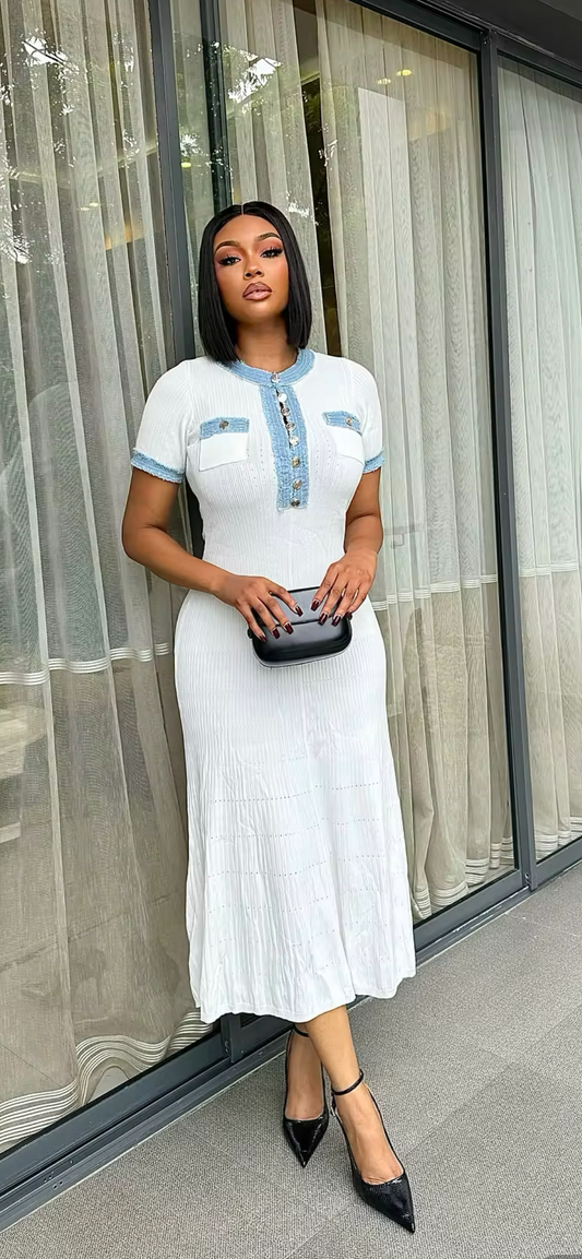 Denim Accent Ribbed White Dress