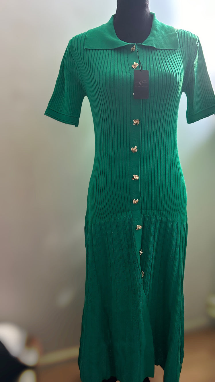 Emerald Ribbed Button-up Dress