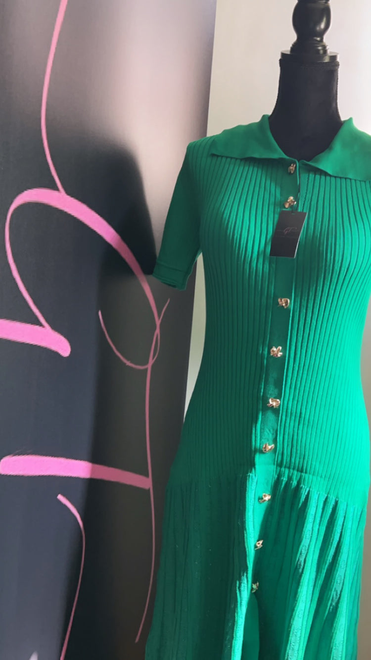 Emerald Ribbed Button-up Dress